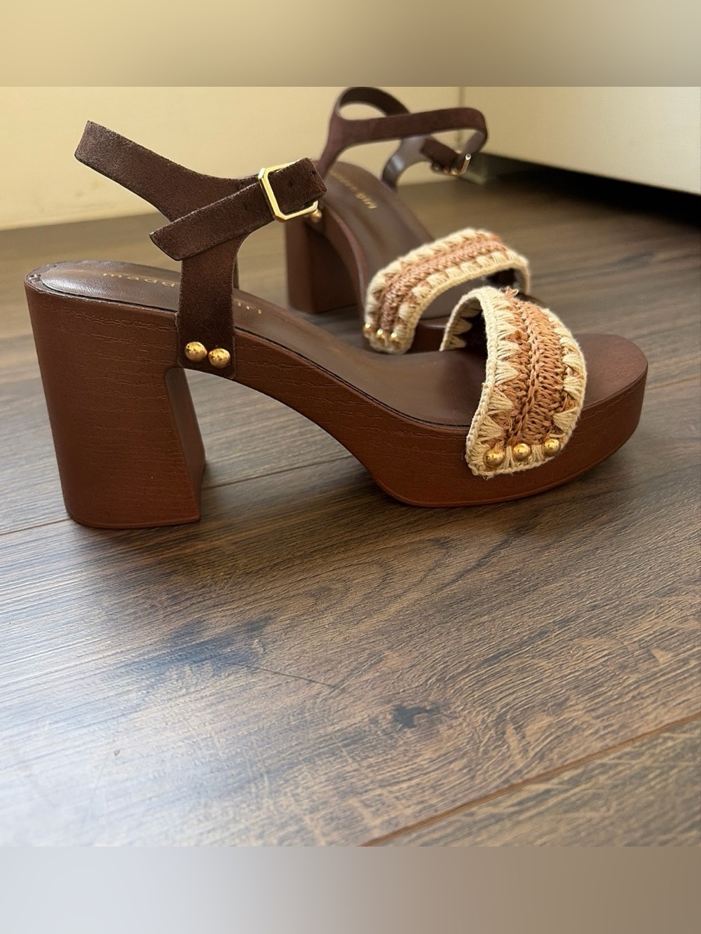 Madden Girl Bohemian Brown Studded Chunky Heel with Crochet Style Strap - 6.5
